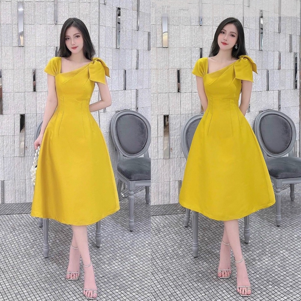 Đầm Váy Nữ Chất Vải Tapta Dáng Xoè Chéo Ngực Nơ Vai ( Có Mút Ngực ) Thiết Kế Sang Chảnh Đi Làm Công Sở, Dạ Hội