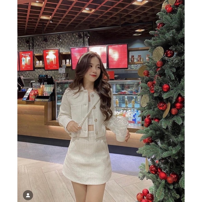 Set dạ tweed tiểu thư cao cấp dày dặn , Set 2 món xinh xắn , Áo khoác dạ croptop GINASTORE