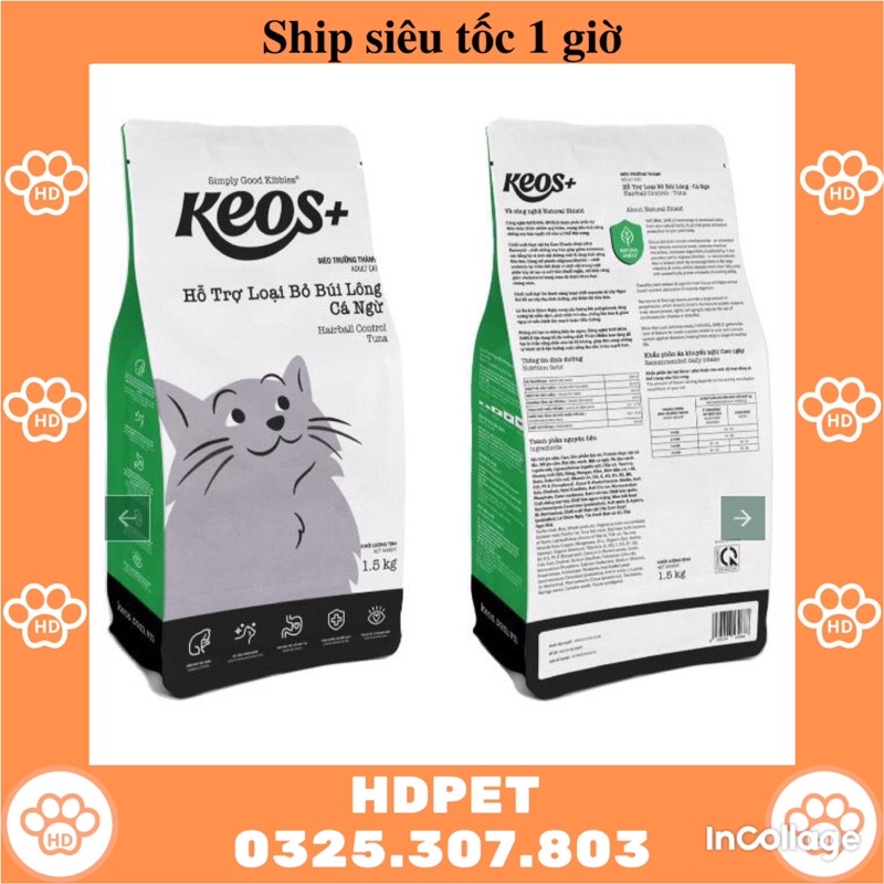 Thức ăn hạt cho mèo Keos 1.5kg Hỗ trợ tiêu búi lông hiệu quả cho thú cưng