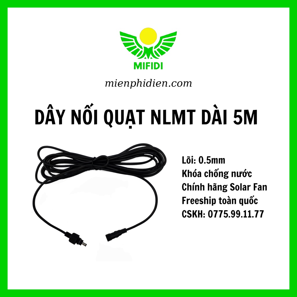 Dây nối quạt năng lượng mặt trời 5 met, đầu nhọn, Sẵn khớp nối chống nước Solar Fan Quạt tích điện