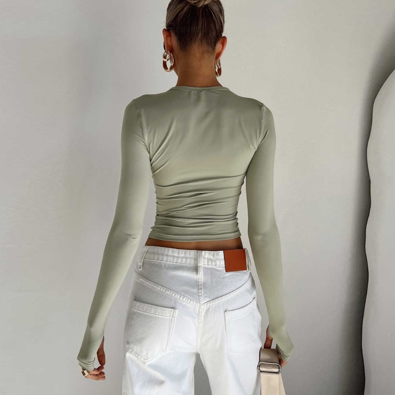 Áo Thun Crop Top Tay Dài Cổ Tròn Màu Trơn Ôm Dáng Thời Trang Mùa Thu Cho Nữ