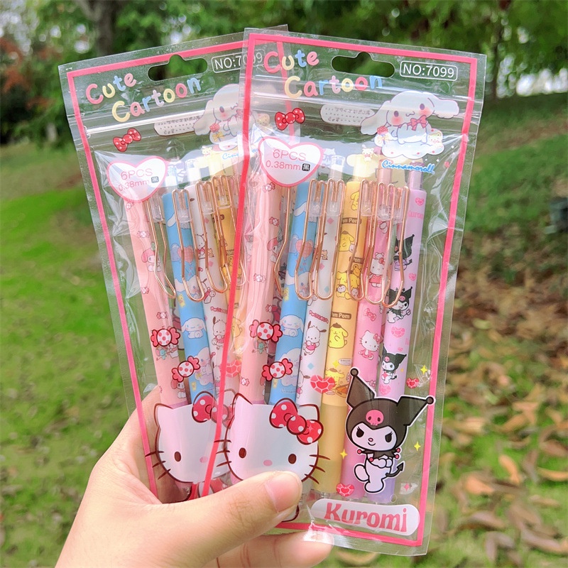 SANRIO Set 6 Bút Mực gel Ngòi 0.5mm Vỏ Kim Loại Họa Tiết Trái Tim Xinh Xắn