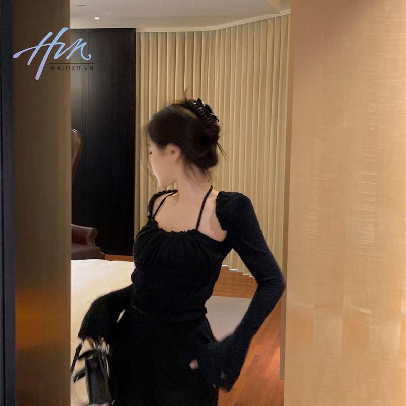 Áo Thun Đen Tay Dài Ống Loe Giả Hai Lớp Thời Trang Mùa Thu Cho Nữ