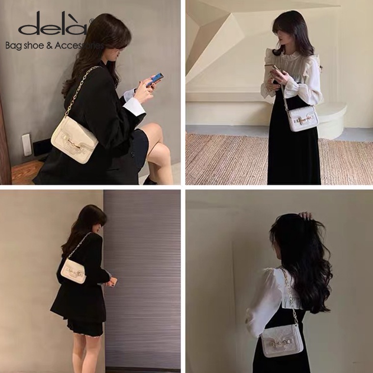Dela Túi Đeo Chéo Dáng Vuông Nhỏ Phối Dây Xích Thời Trang Hè 2023 Sang Trọng Cho Nữ