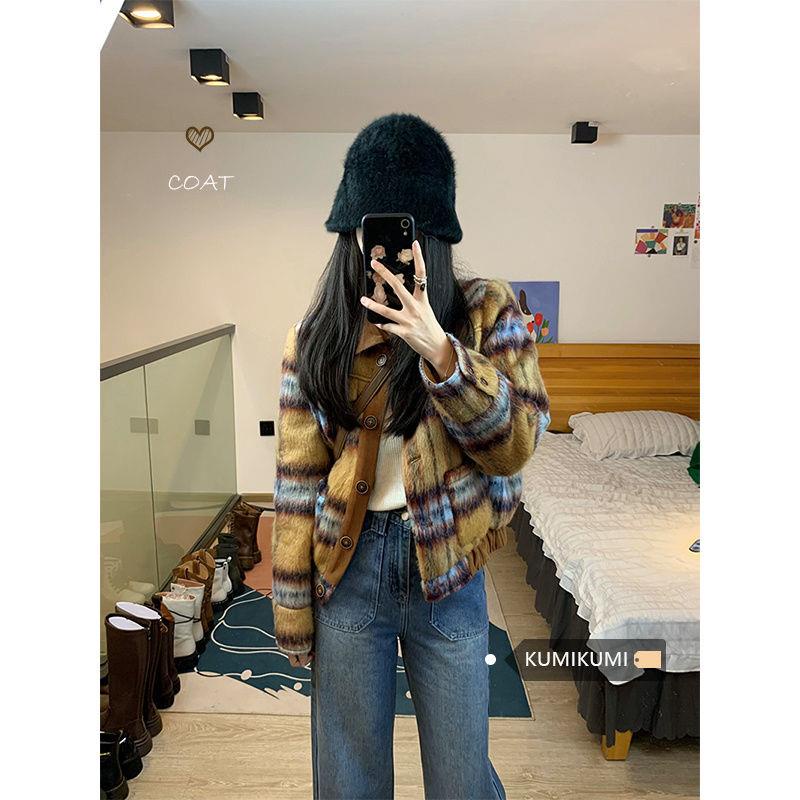 Áo Khoác Cardigan Họa Tiết Sọc Caro Phong Cách Retro Thời Trang Thu Đông Cho Nữ
