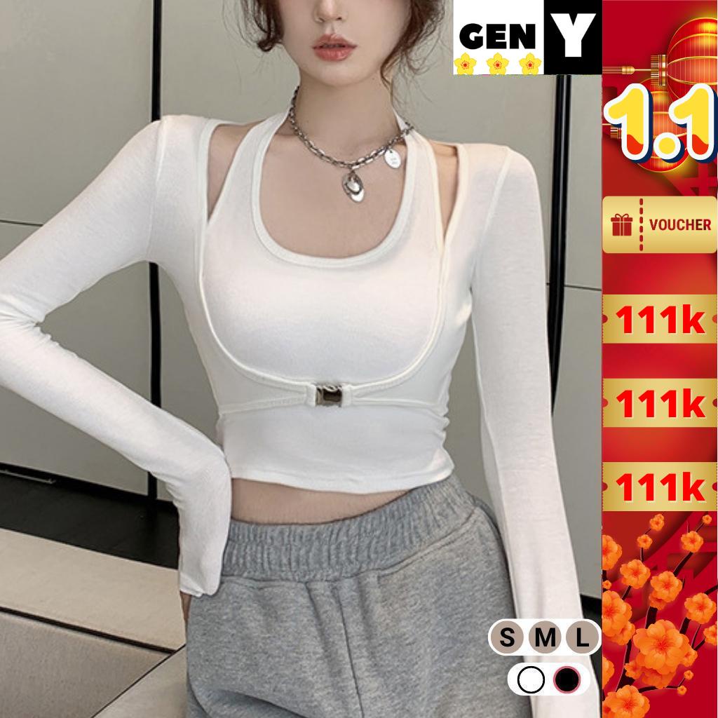 Áo croptop tay dài phối khuyên trước ngực tôn V1 GenY, Áo kiểu nữ cổ giả yếm ôm body cực tôn dáng -ADT29