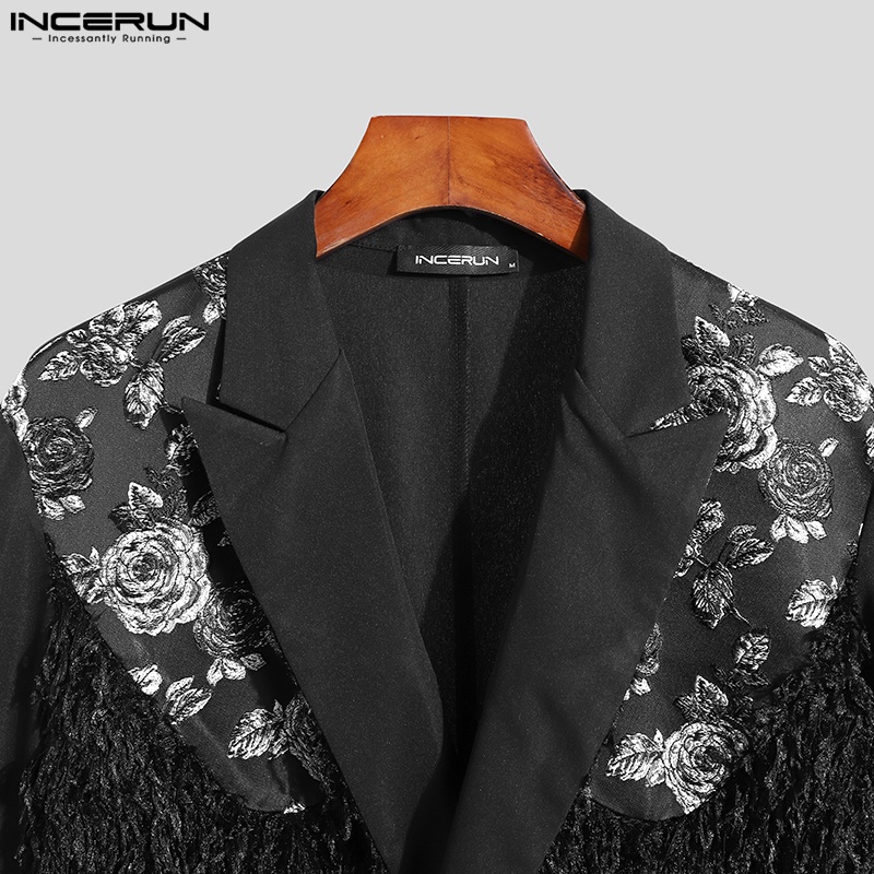 Áo khoác blazer INCERUN tay dài màu đen thêu họa tiết hoa hồng phối tua rua thời trang dành cho nam