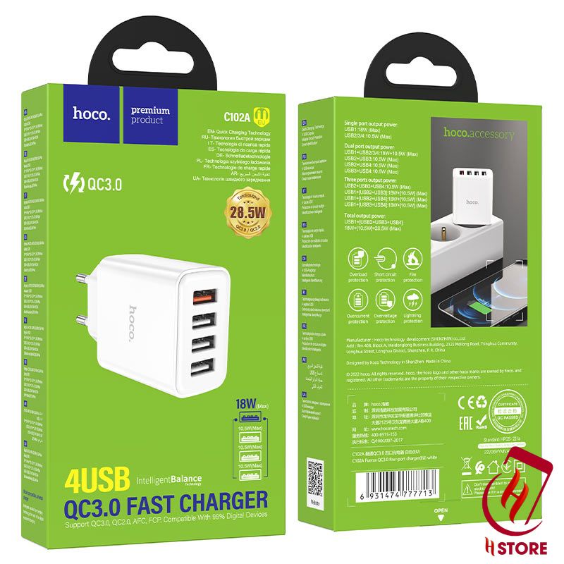 Củ sạc nhanh chân tròn Hoco C102A 28.5W 4 cổng USB , QC3.0 sạc nhiều thiết bị cùng lúc