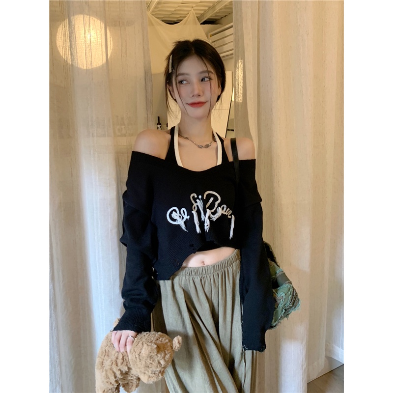 QADCOL Áo Thun Lửng Tay Dài Thêu Chữ Thời Trang Cá Tính