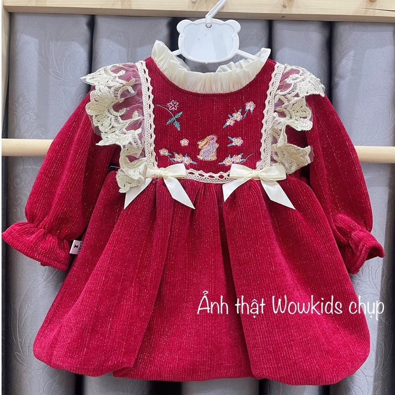 Váy Nhung Nhũ Cho Bé Gái WOWKIDS Lót Bồng Thêu Hoa Phối Ren Cánh Tiên Cho Bé Từ 8-14kg