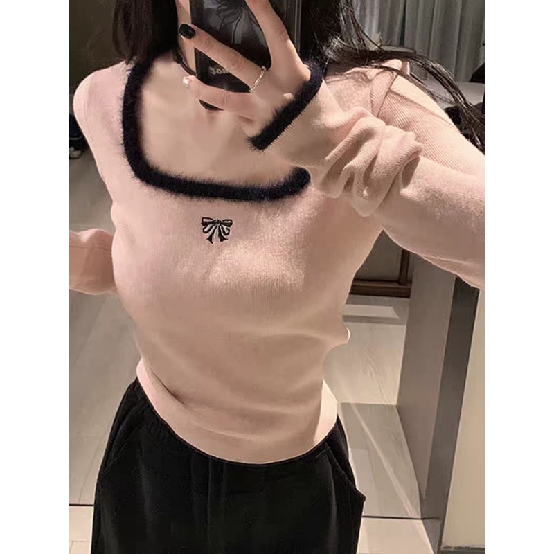 Áo dệt kim ZHELIHANGFEI tay dài cổ vuông phong cách Pháp thời trang quyến rũ dành cho nữ