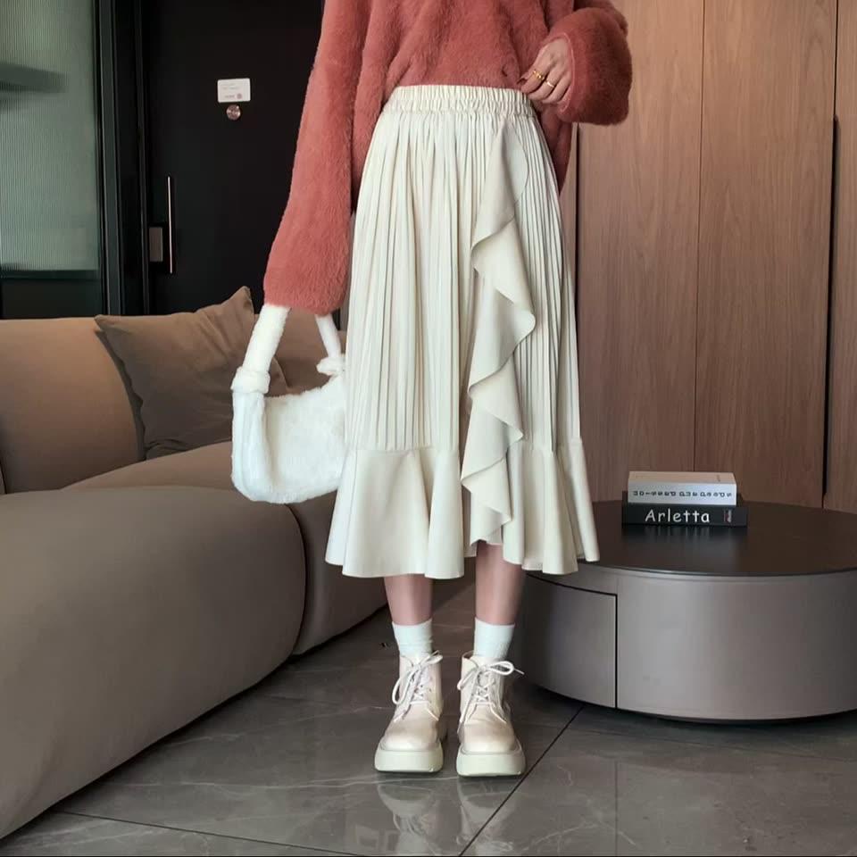 Chân Váy Nhung Xòe Xếp Ly Lệch Tà Thời Trang Mùa Đông Kiểu Mới Cho Nữ