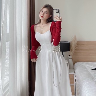Đầm 2 dây kèm áo khoác gân trắng phong cách  ngọt ngào - GENZ STORE.