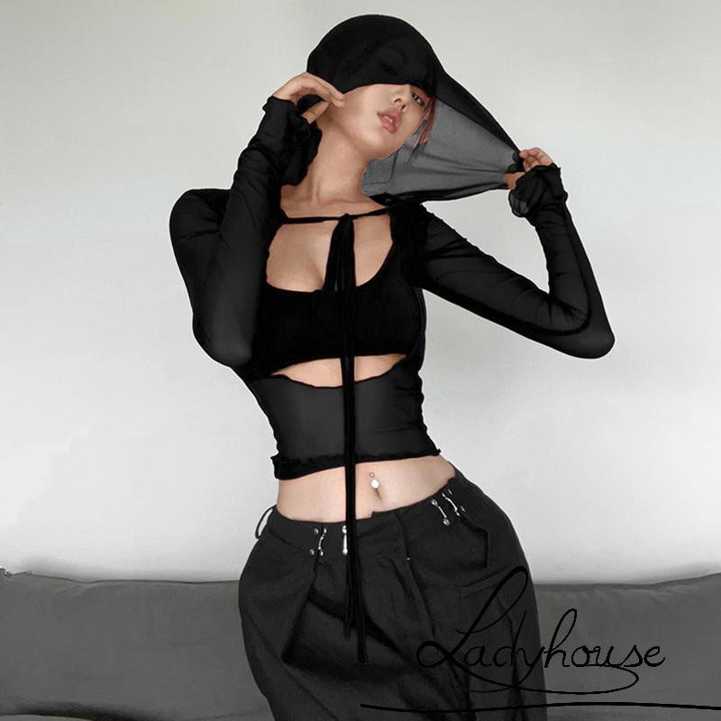 Áo Thun Crop Top Tay Dài Phối Lưới Màu Trơn Phong Cách Đường Phố Cho Nữ