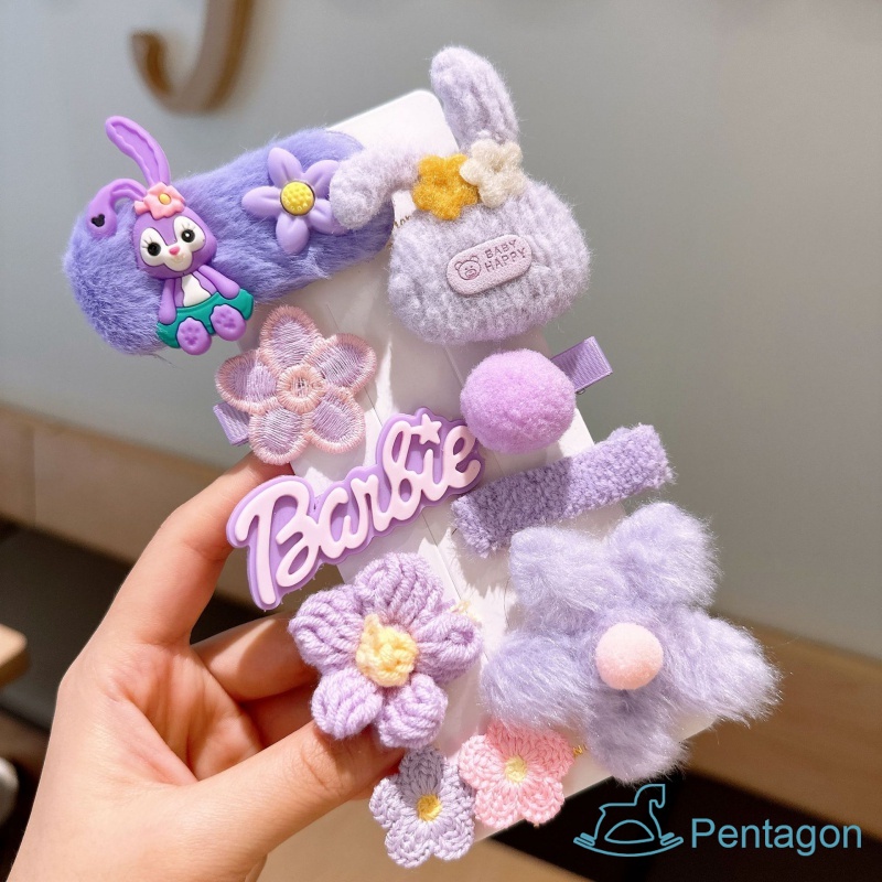 Set 10 Kẹp Tóc Vải Lông Đính Nơ Hoa Dễ Thương Cho Bé Gái
