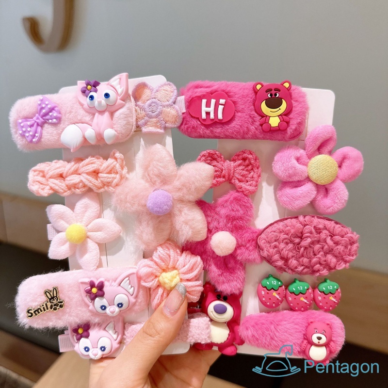 Set 10 Kẹp Tóc Vải Lông Đính Nơ Hoa Dễ Thương Cho Bé Gái