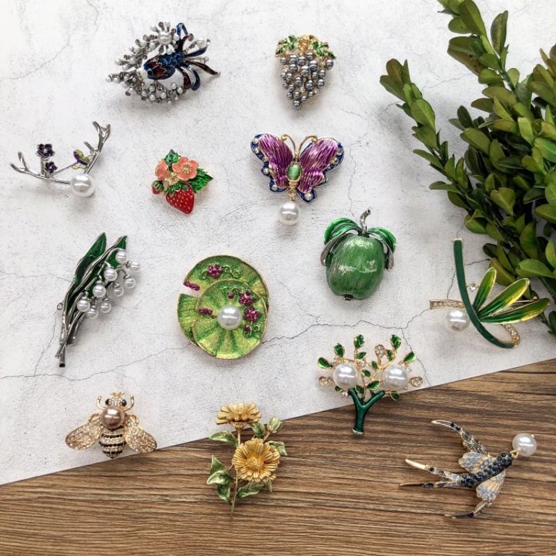 Ghim Cài Áo Hình Chú Chim / Lá Cây Đính Ngọc Trai Cổ Điển Tinh Tế Thời Trang Cho Nam Và Nữ