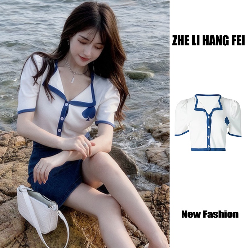 Áo cardigan ZHELIHANGFEI dệt kim tay ngắn cổ polo phong cách quyến rũ tùy chọn màu sắc
