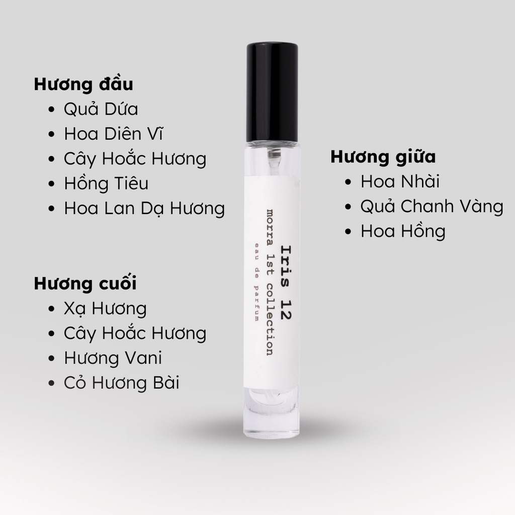 Nước Hoa Nam Nữ Thơm Lâu Morra Iris 12  Dung Tích 10ml Hương Hoa Cỏ Thanh Thoát Nhẹ Nhàng Lưu Hương Lâu 6h - 8h