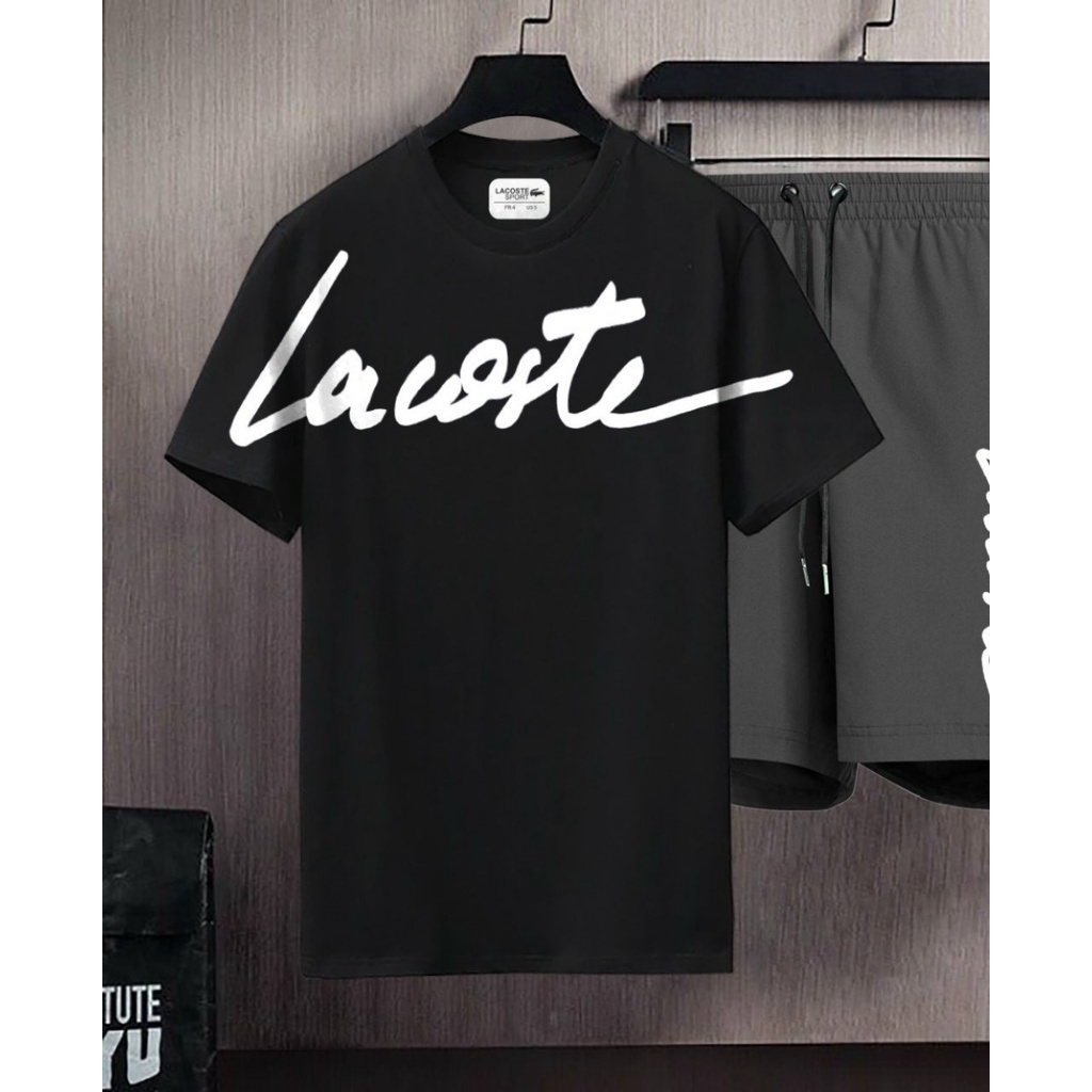 Áo phông nam nữ unisex cổ tròn chất cotton co dãn in chữ Lacoste