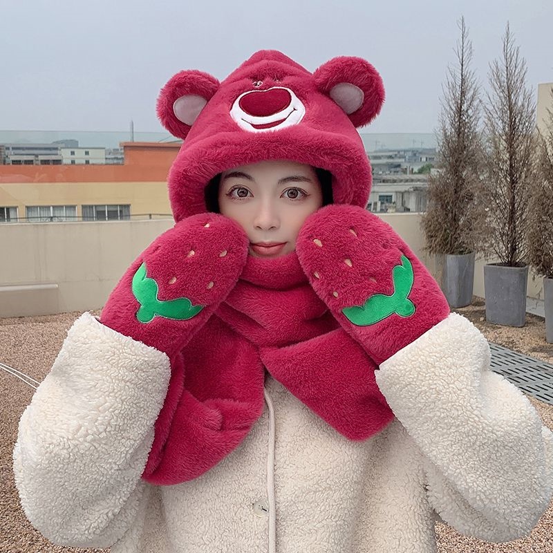 Dâu tây gấu mùa đông mũ khăn quàng cổ găng tay