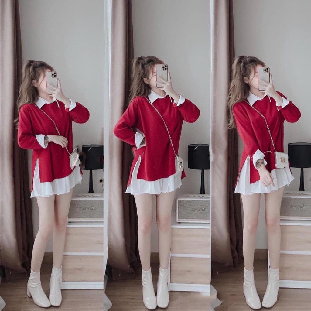 Set Váy Sơ Mi Gile đỏ đen áo tăm kèm sơ mi trắng dài tay LD125