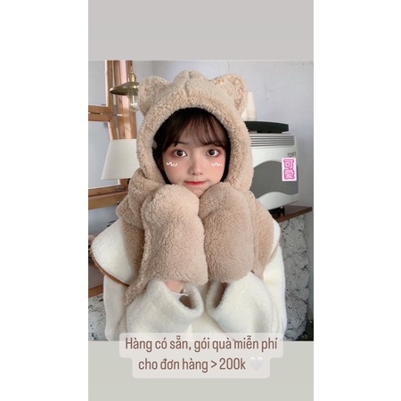 Mũ Lông Cừu, mũ len Tai Gấu trùm đầu Kèm Khăn Choàng Găng Tay Thời Trang Thu Đông Cho Nữ