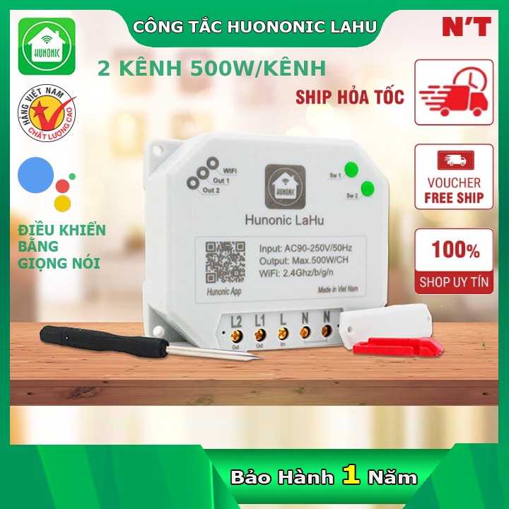 [HÀNG CHÍNH HÃNG] Công tắc THÔNG MINH Hunonic Lahu 2 kênh 500W/Kênh | Điều khiển từ xa bằng điện thoại | BH 12 THÁNG
