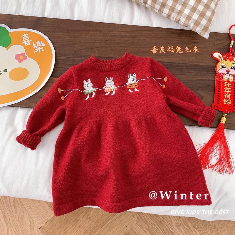 Váy- Đầm cho bé, Váy len đỏ mặc lễ tết, Noel hoạ tiết thỏ thêu cho bé từ 7kg- Baby's home có sẵn.