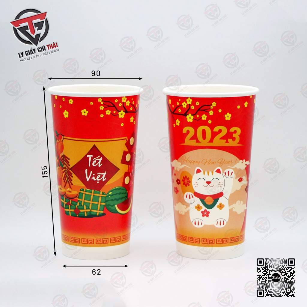 SET 100c Ly Giấy, Cốc Giấy 22oz - 650ml TẾT 2023 HAPPY NEW YEAR Siêu Đẹp, dành cho quán Trà Sữa, Cafe, Thức Uốngv.v..
