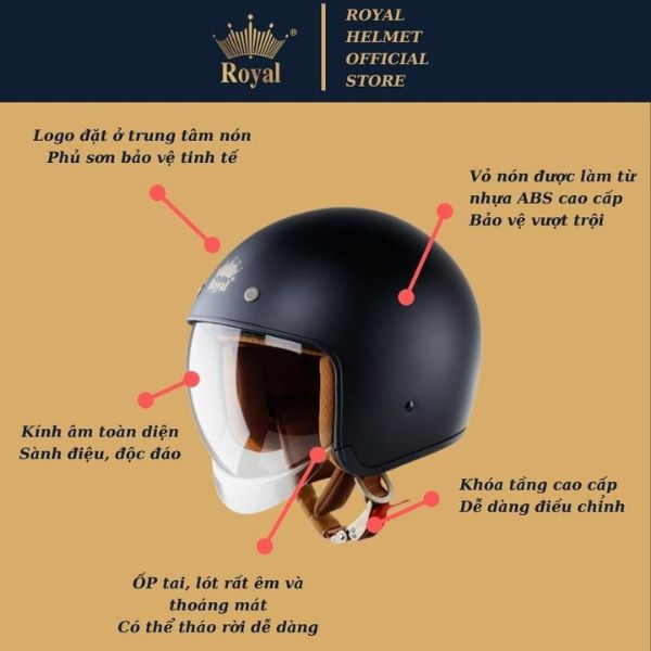 MŨ NÓN BẢO HIỂM ROYAL 3/4 M139 KÍNH ÂM - LÓT THÁO RỜI TIỆN LỢI SIZE