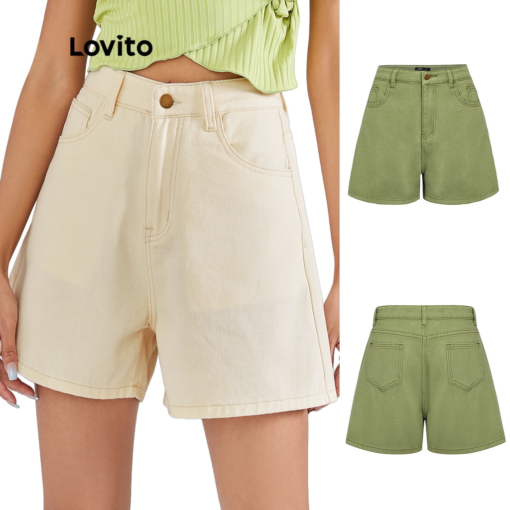 Lovito Kẻ SọC Đơn GiảN ChiềU Dài ĐầU GốI Tự Nhiên Chân ThẳNg QuầN Short Denim L22AD091 (TrắNg NhạT)