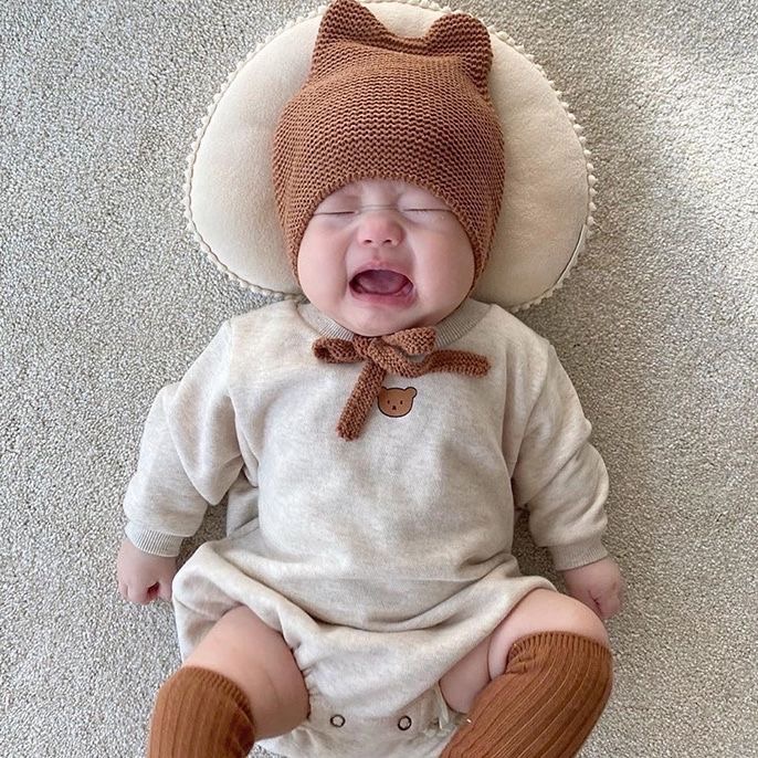 Babyfair. Mũ Dệt Kim Cho Trẻ Sơ Sinh Màu Tinh Khiết Với ​​Dây Buộc Tai Gấu Dễ Thương Đáng Yêu Bé Mùa Xuân  Thu