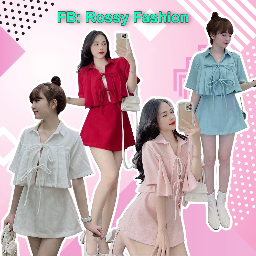 Set áo croptop đỏ cổ sơmi xếp ly thân kèm chân váy Rossy Fashion - SR170