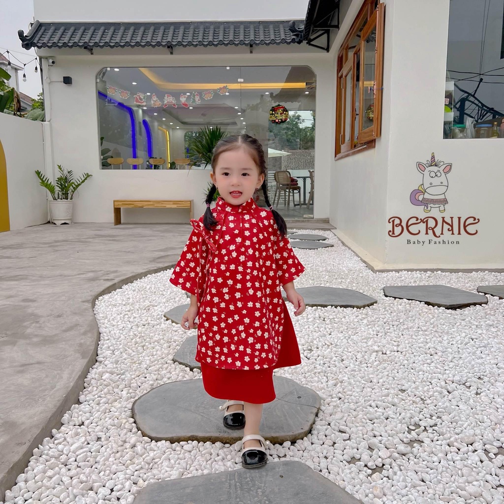 [size 8-21kg] Áo dài nhung tăm hoa nhí màu đỏ cách điệu cho bé gái mẫu tết 2023 shop nhungsoc