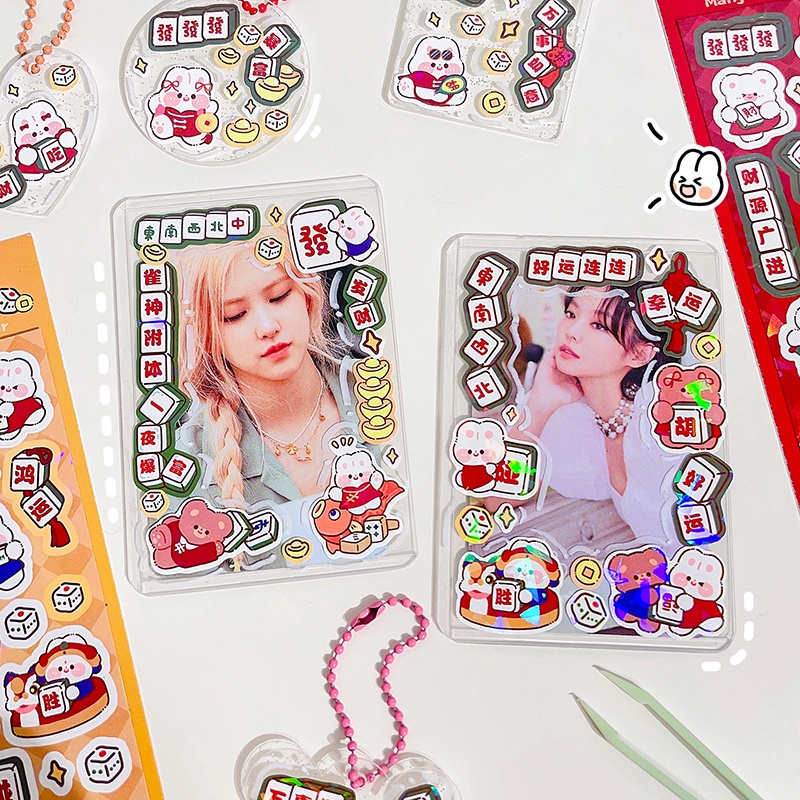 Bộ 4 Tấm Sticker Hoạt Hình Mạt Chược Màu Laser Trang Trí Nhật Ký
