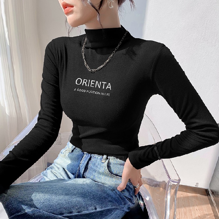 Áo Thun Nữ Dài Tay Cổ Cao In Chữ