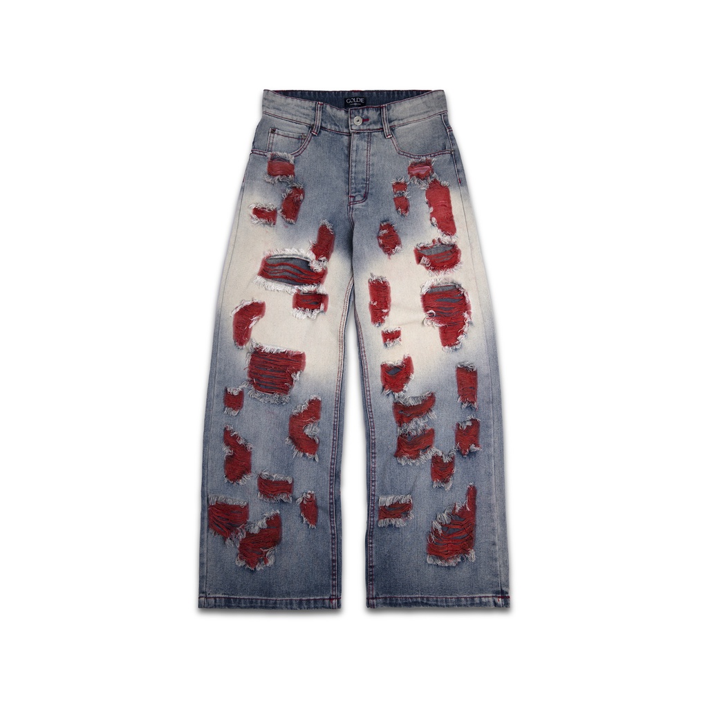Quần cotton denim "GOLDIE WIDE-LEG RED DISTRESSED" giặt mài 12oz