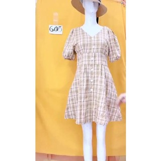 đầm sơmi caro nâu vàng. S605
