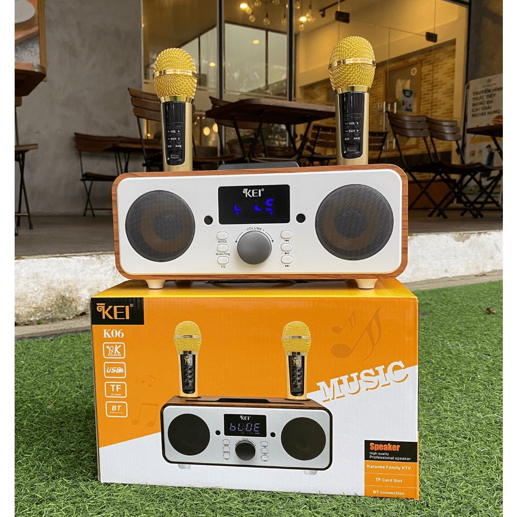 Loa karaoke bluetooth KEI K06 - Sạc pin ngay trên micro - Tặng kèm 2 micro không dây có màn hình LC