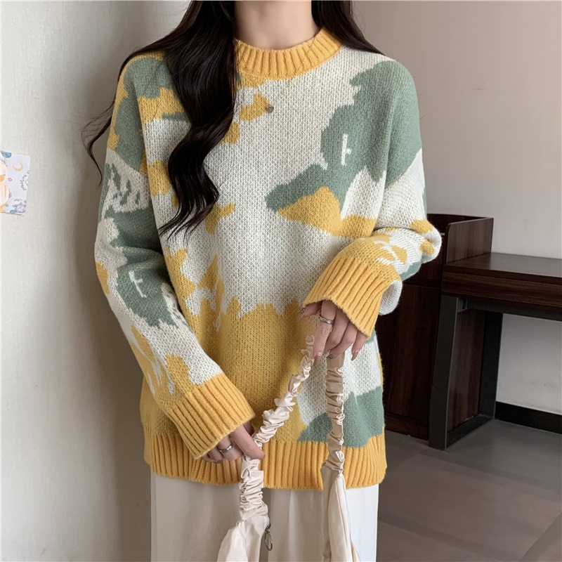 Áo dệt kim SUXI tay dài cổ tròn dáng rộng thời trang mùa đông cho nữ