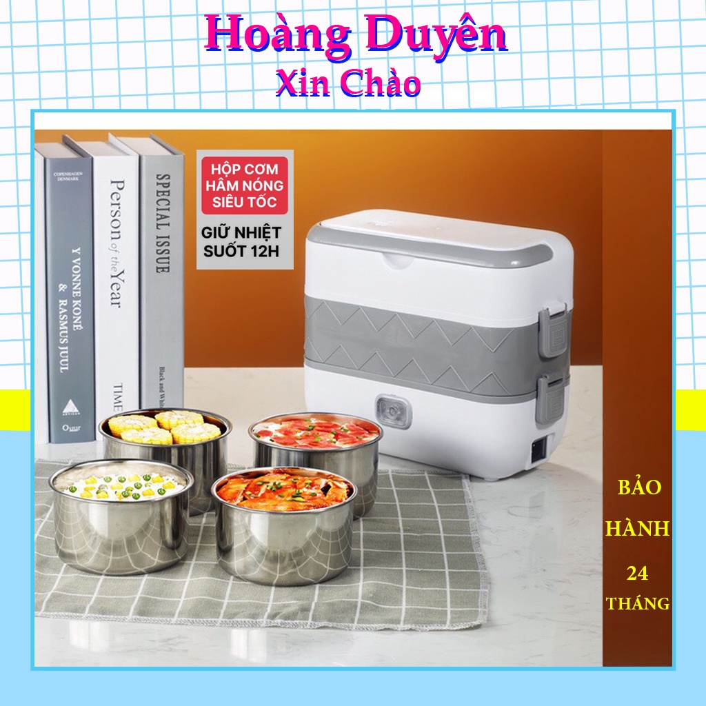 Hộp Cơm Cắm Điện Văn Phòng 2 Tầng 4 Bát Inox Giữ Nhiệt, Hâm Nóng Và Tự Nấu Chín Tiện Lợi Nhỏ Gọn, Dễ Mang Theo Đi Làm