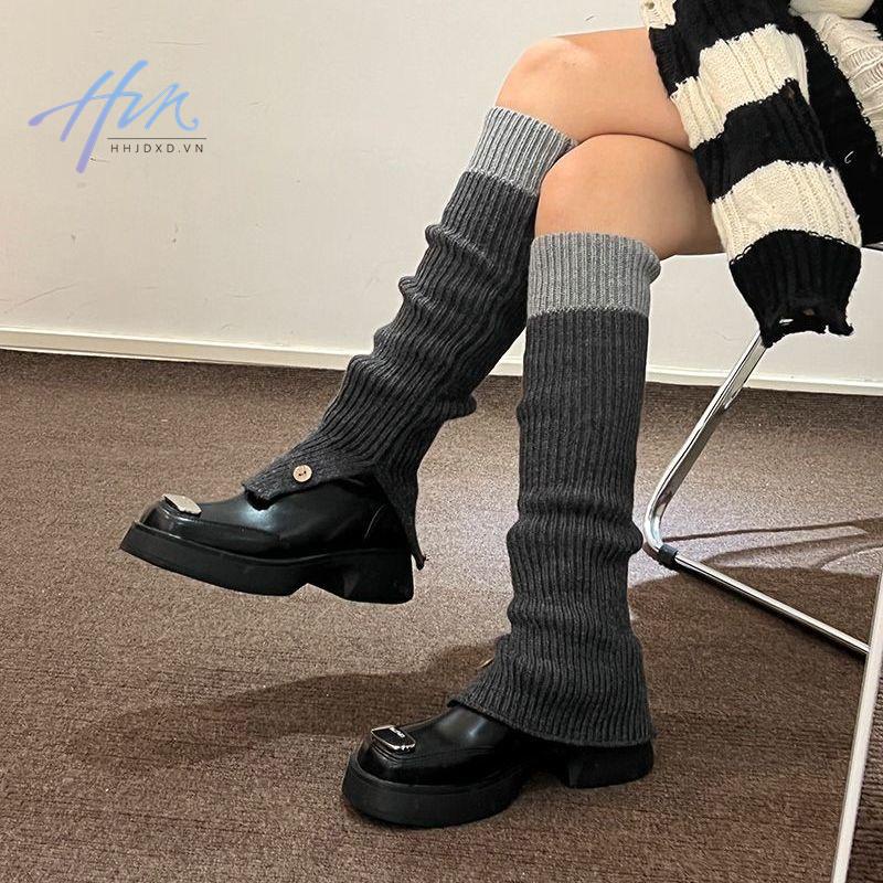 Tất Dệt Kim Cao Cổ Đính Nút Màu Sắc Tương Phản Phong Cách Mỹ y2k Cho Nữ