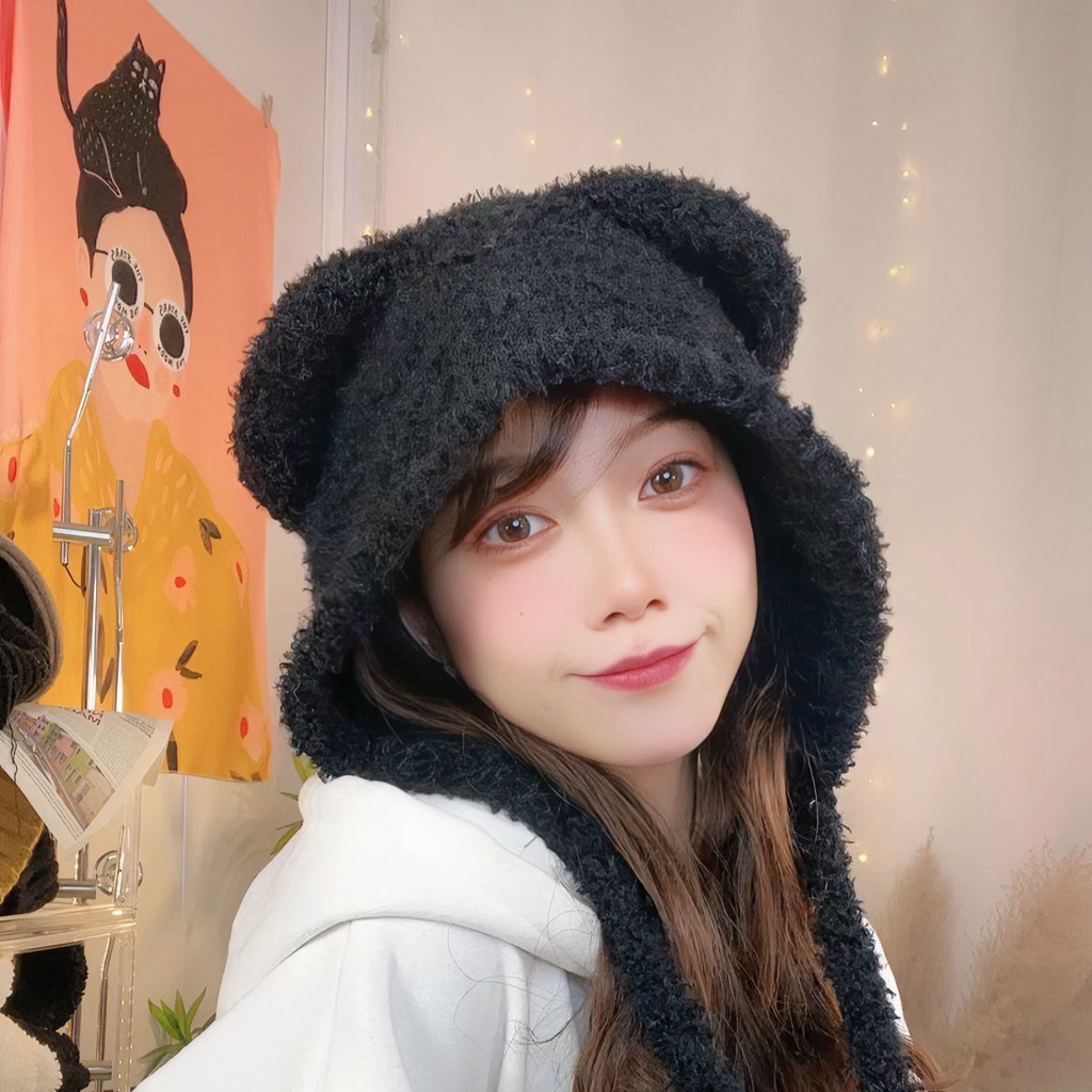 Mũ Len Dệt Kim Dày Dặn Giữ Ấm Tai Hình Gấu Dễ Thương Phong Cách Hàn Quốc Cho Nữ