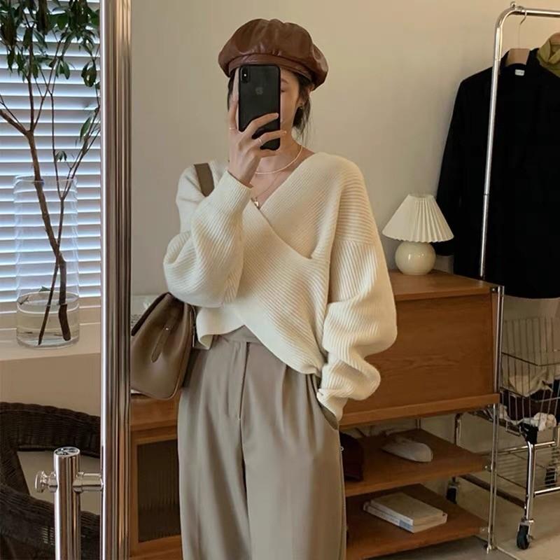 MS1004 Áo len kiểu nữ vạt chéo tay phồng Hàn Quốc