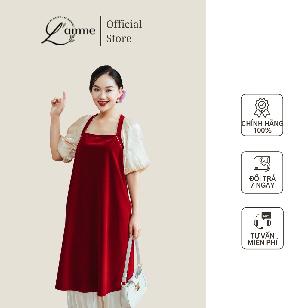 Áo dài dáng suông Tú Linh chất liệu nhung đỏ mềm cho mẹ bầu thiết kế của LAMME