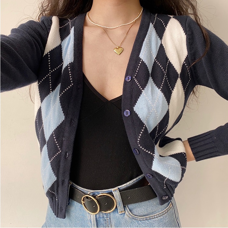 Áo khoác cardigan ZHELIHANGFEI dệt kim tay dài cổ chữ v lưng cao phong cách retro Mỹ