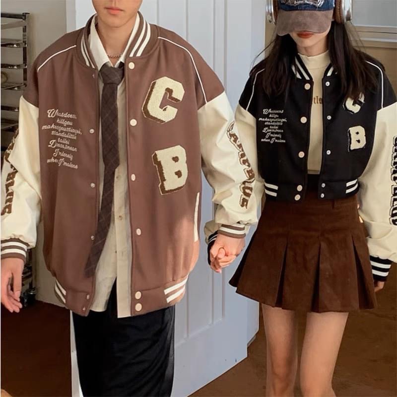 Áo khoác bomber varsity jacket couple chất dạ Thêu CampBlue 2 lớp cao cấp tay phối da