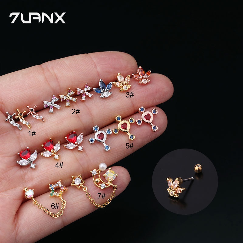 Khuyên tai 7UANX dạng chuỗi bằng thép không gỉ đính hạt đinh tán 20g
