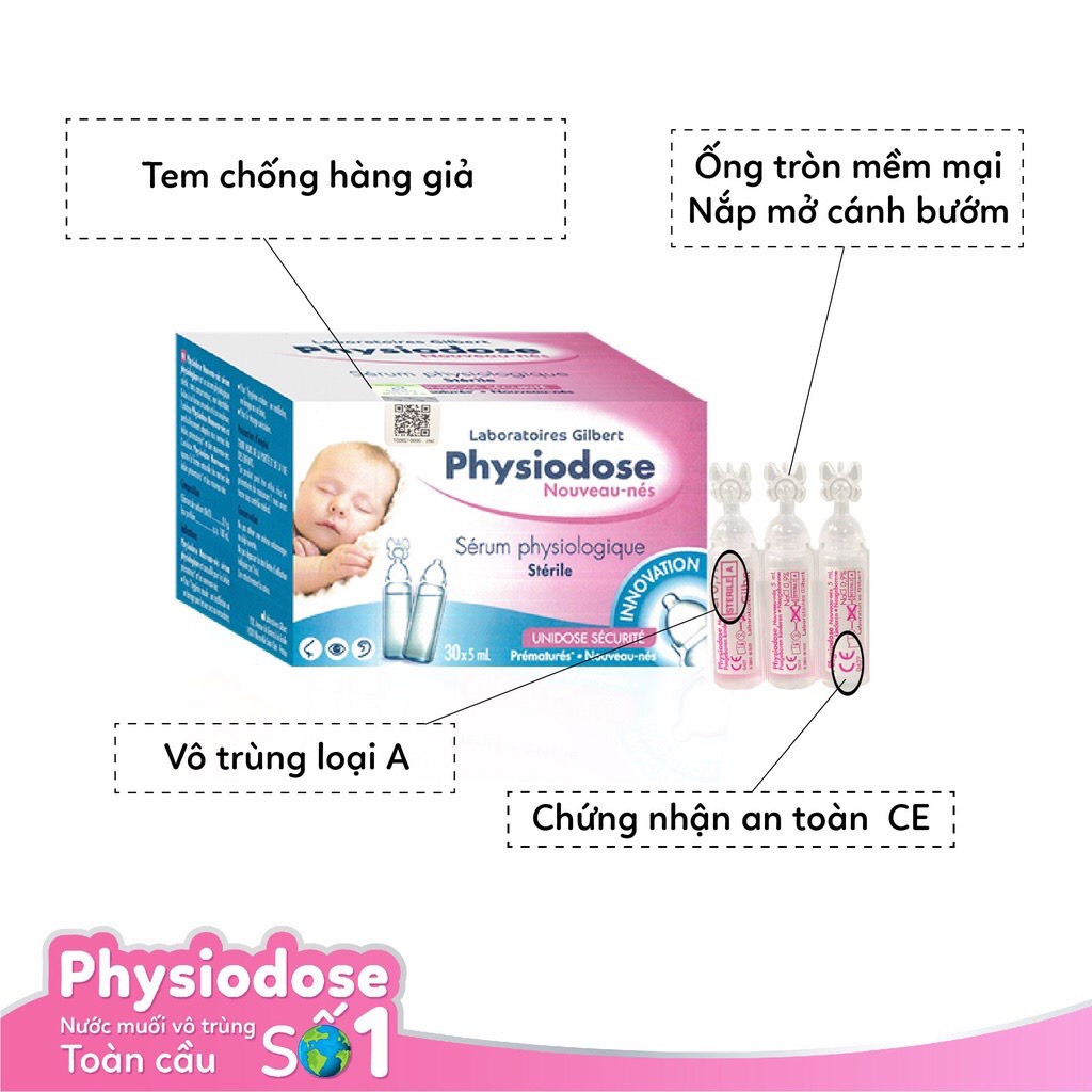 Nước Muối Sinh Lý Physiodose Hỗ Trợ Nghẹt Mũi, Viêm Mũi, Sổ Mũi (Hộp 40 ống x 5ml)